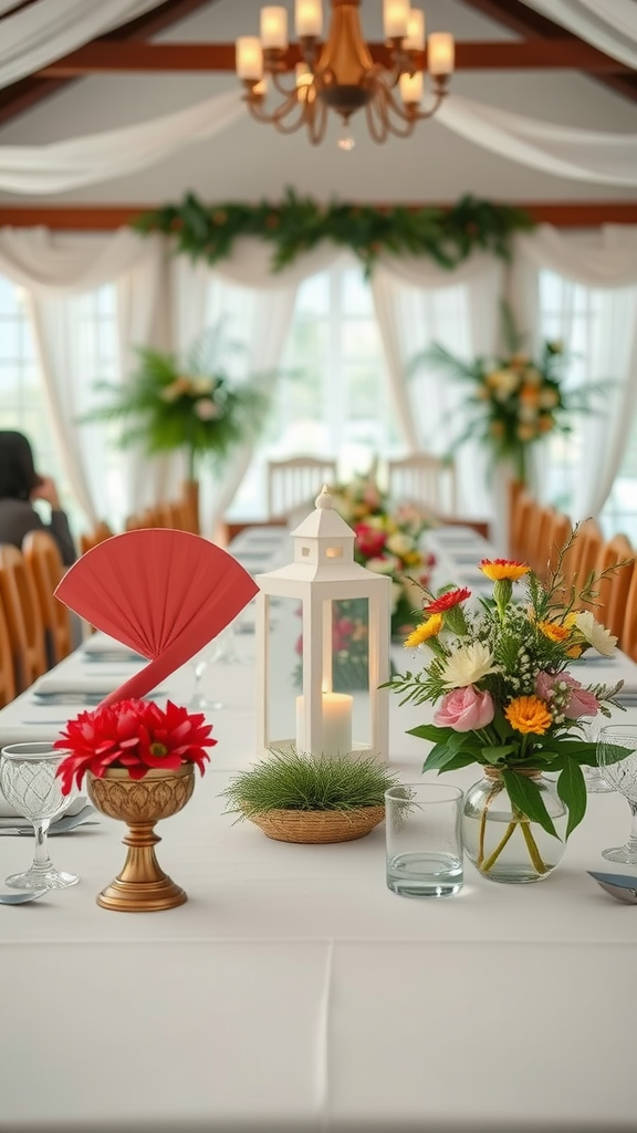 A beautifully decorated wedding table with cultural themed elements, featuring vibrant flowers, a decorative fan, and a lantern centerpiece.