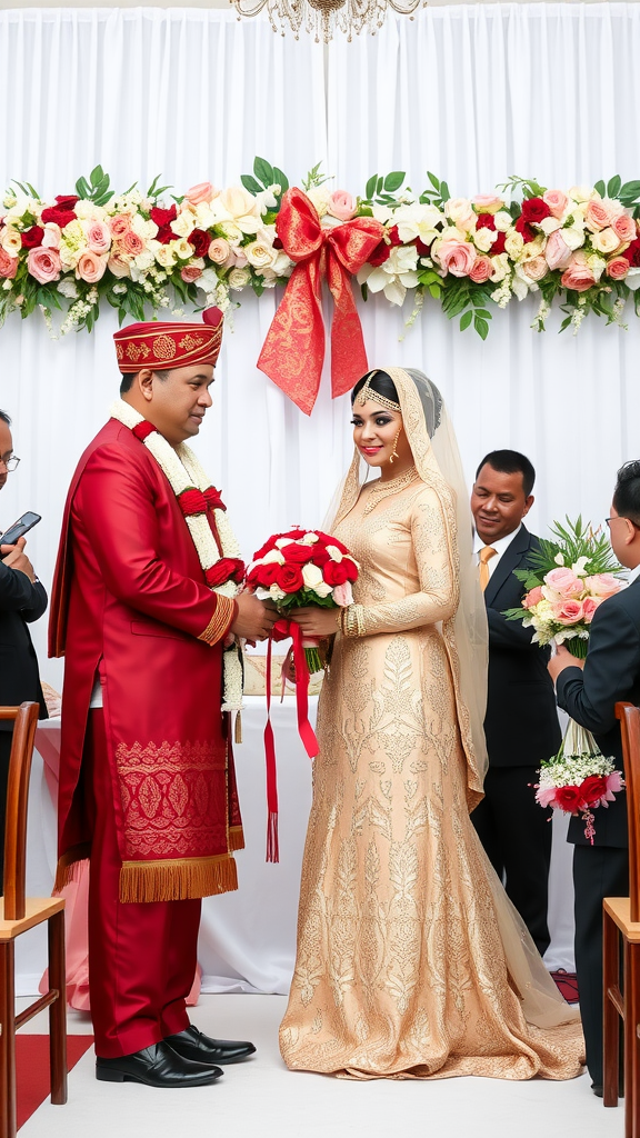 A couple exchanging vows during a wedding ceremony, surrounded by floral decorations.