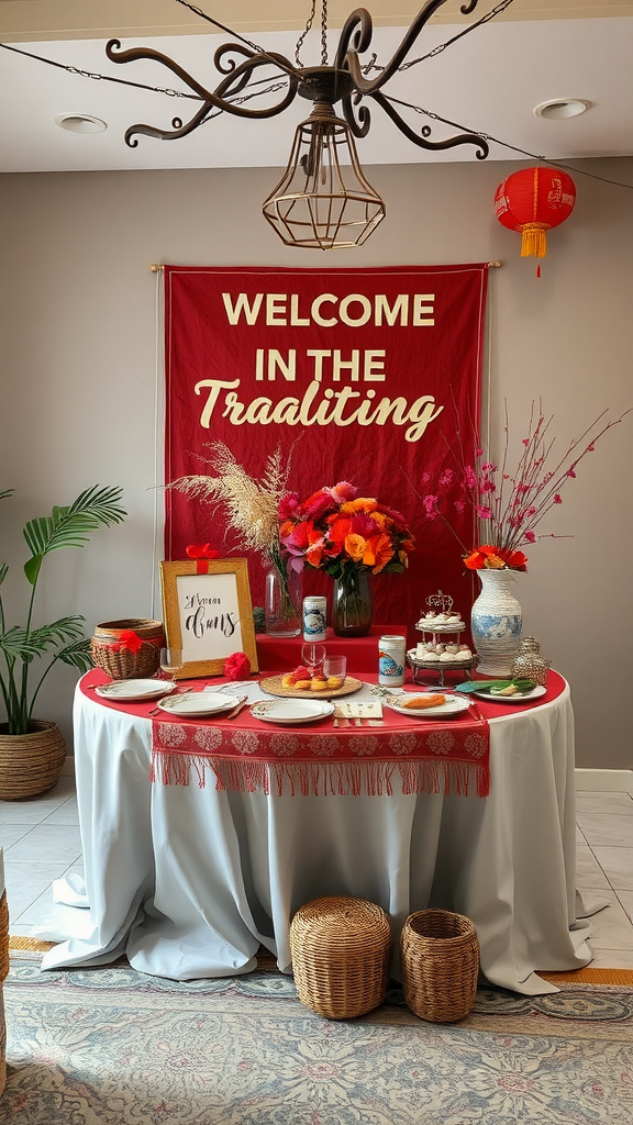 Welcoming wedding table decorated with flowers, red tablecloth, and traditional items.