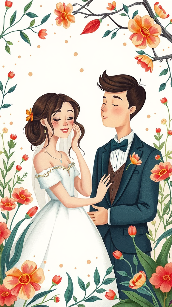 Illustrated wedding invitation featuring a couple surrounded by flowers