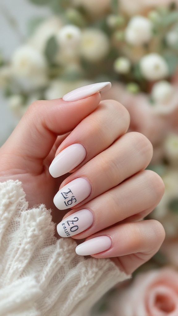 A close-up of beautifully designed wedding nails featuring a soft pink base and black numbers.