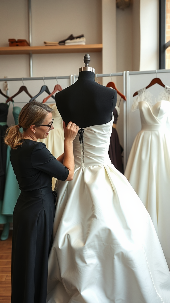 A seamstress adjusting a satin wedding dress on a mannequin in a boutique.