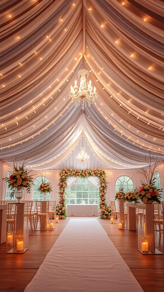 Beautifully decorated wedding tent with flowers, candles, and elegant lighting.