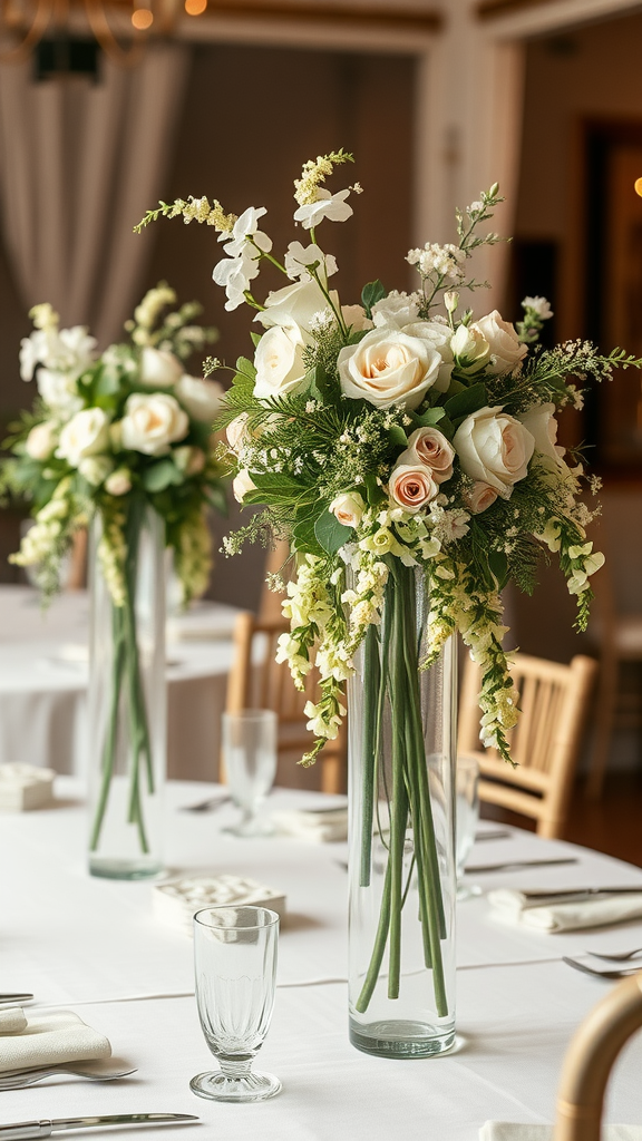 Elegant wedding table decor featuring delicate glass vases with floral arrangements.