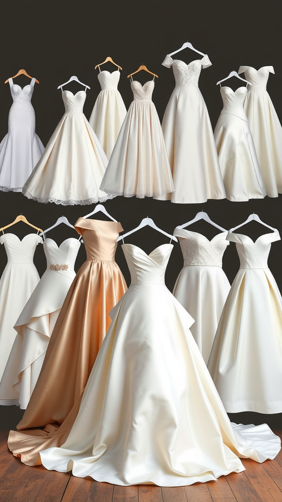 A collection of satin wedding dresses displayed on hangers, showcasing various styles and designs.