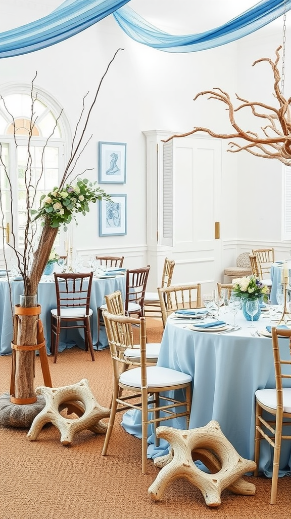 A beautifully decorated wedding venue featuring light blue table settings, wooden chairs, and natural decor elements.