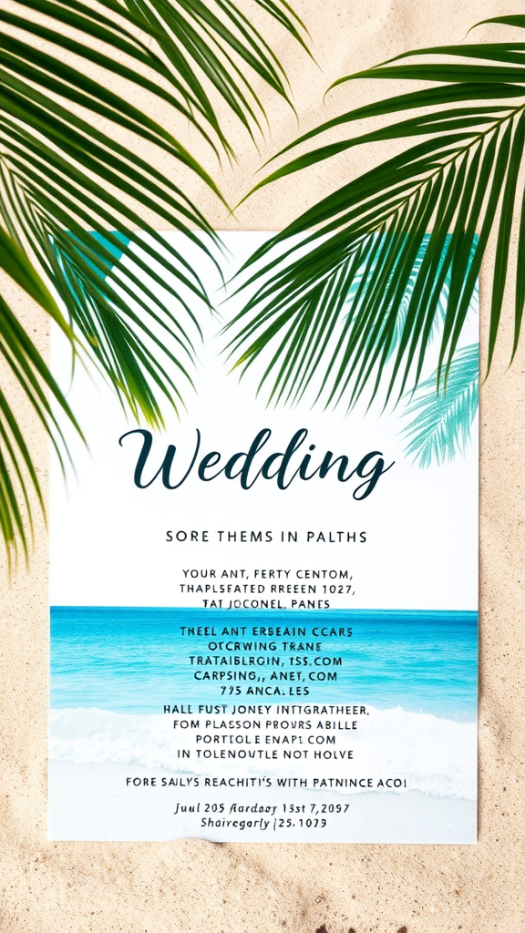 A tropical-themed wedding invitation with palm leaves and a beach background.