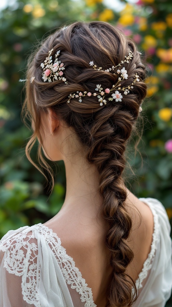 A woman with a detailed braid hairstyle adorned with floral accessories.