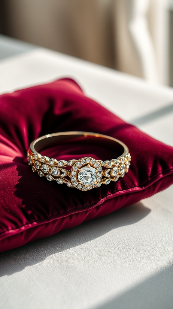 A luxurious diamond-studded bridal bracelet resting on a red satin cushion.