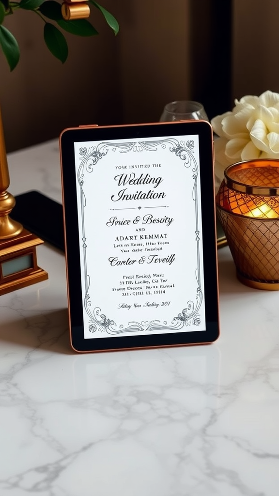 An elegant digital wedding invitation displayed on a tablet, surrounded by decorative items.