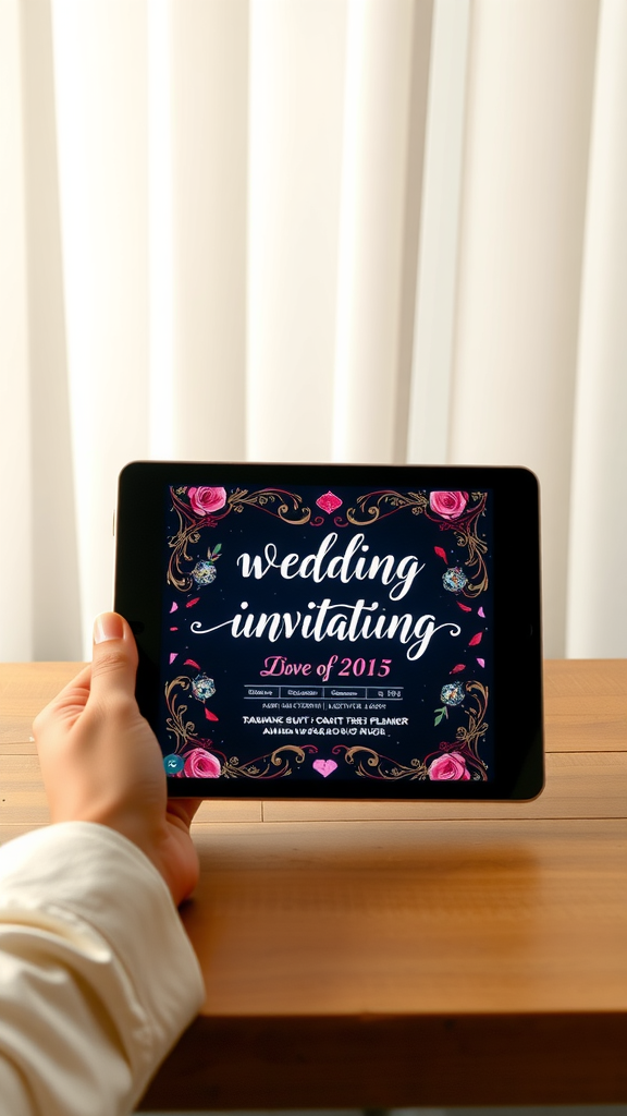 A hand holding a digital wedding invitation on a tablet, featuring floral designs and elegant typography.