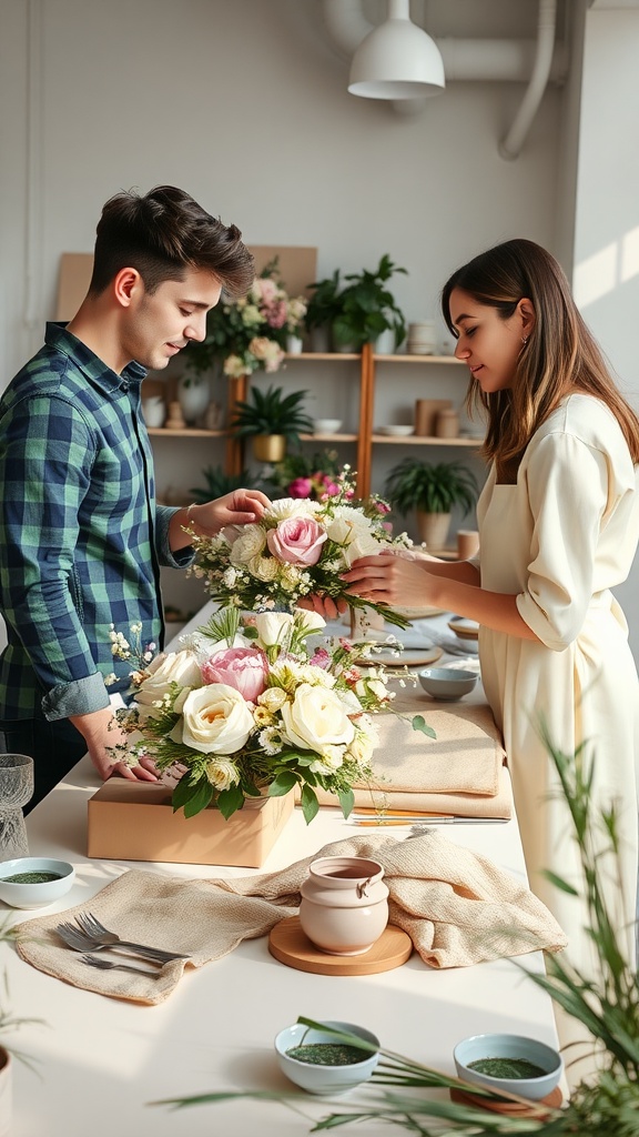 A couple creating a flower arrangement for a wedding, showcasing teamwork and creativity.