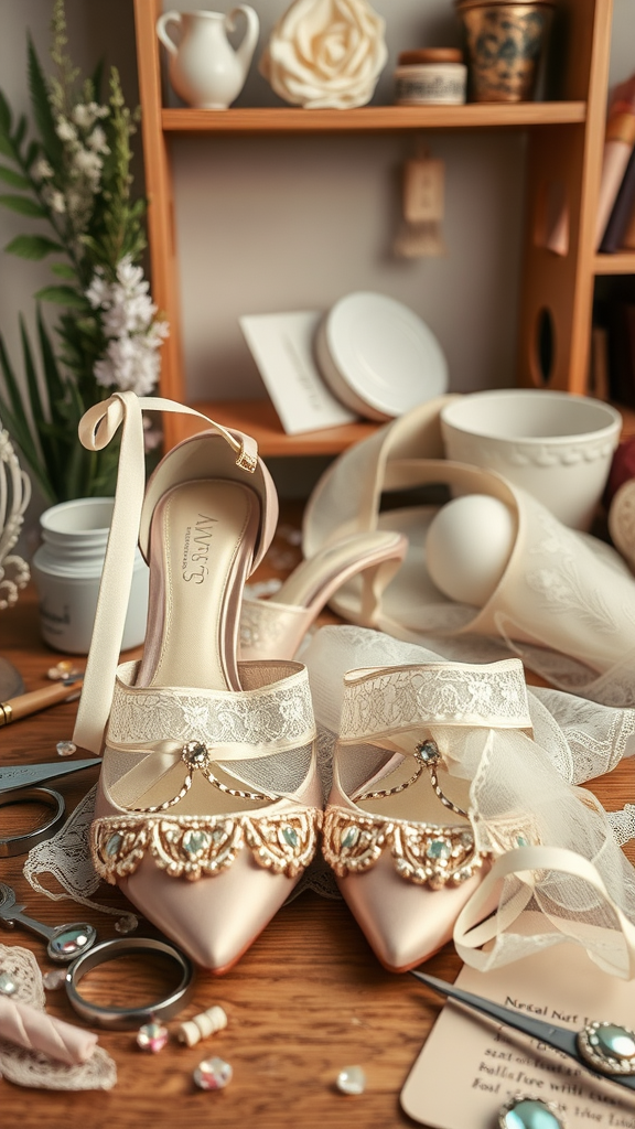 A pair of beautifully decorated wedding shoes with lace and jewels on a wooden table surrounded by crafting materials.