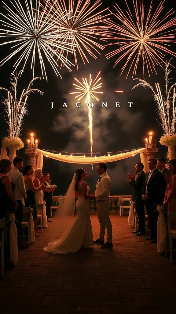 A couple exchanging vows under a fireworks display during a wedding ceremony