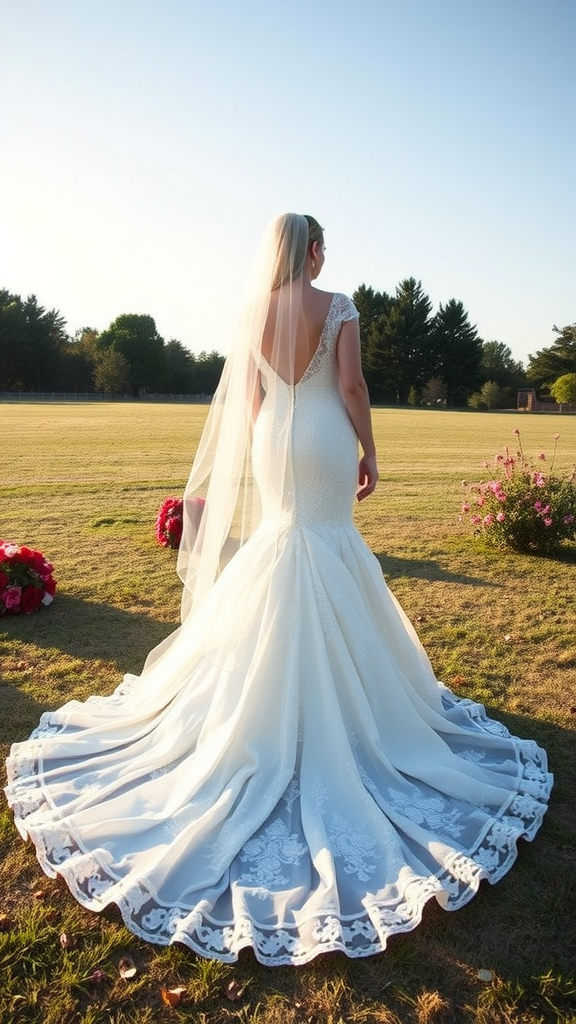 A bride wearing a mermaid wedding dress with a dramatic train and veil in an outdoor setting.