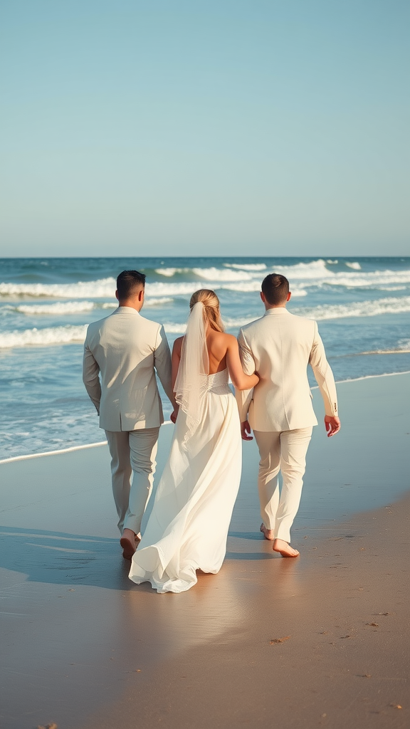 Couple walking on the beach in wedding attire