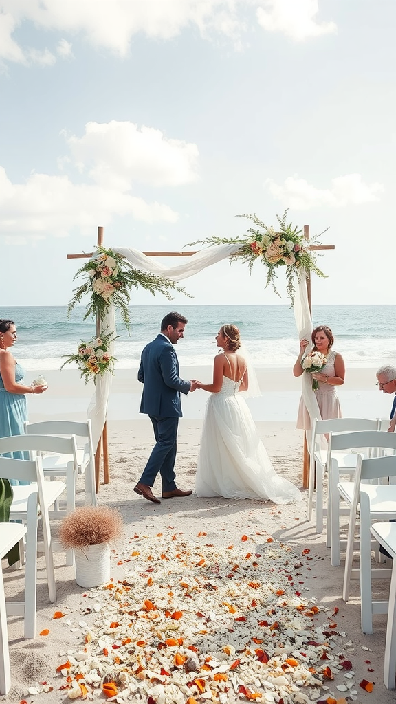 Couple getting married on a beach with floral decorations and guests present.