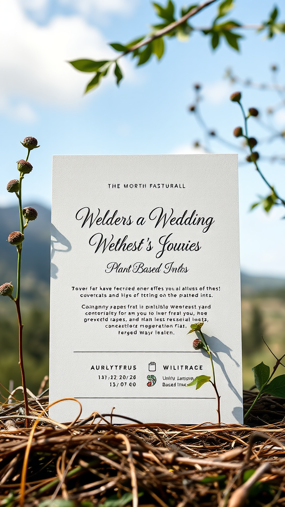 Eco-friendly wedding invitation showcasing plant-based inks and nature.