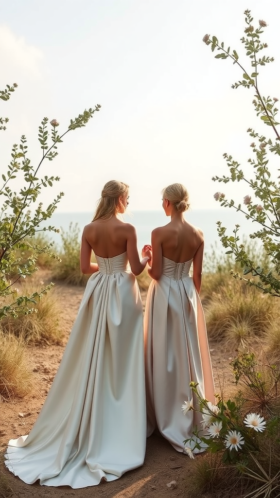 Two women in satin wedding dresses standing by the beach, surrounded by greenery.