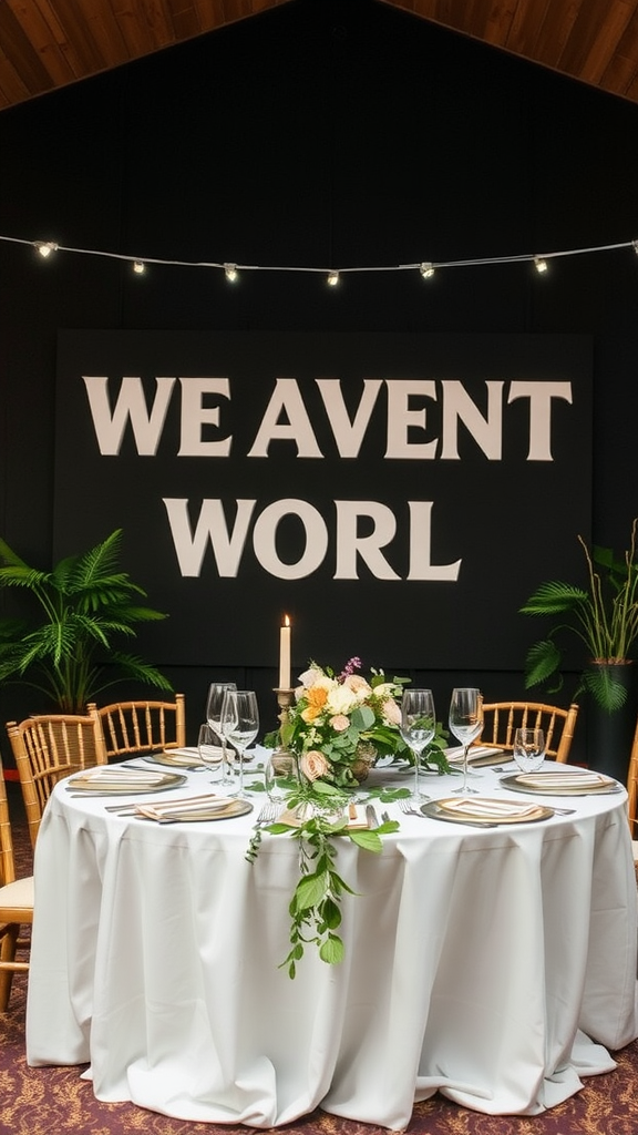 A beautifully set wedding table with eco-friendly decorations, featuring flowers and greenery.