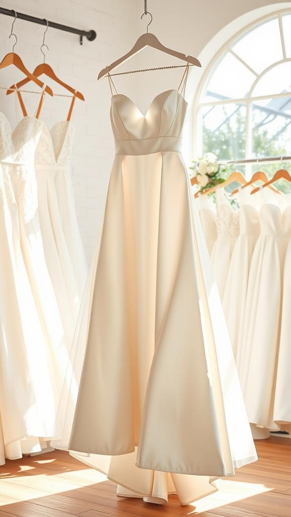 A satin wedding dress on a hanger, showcasing its elegant design in a bright bridal shop.