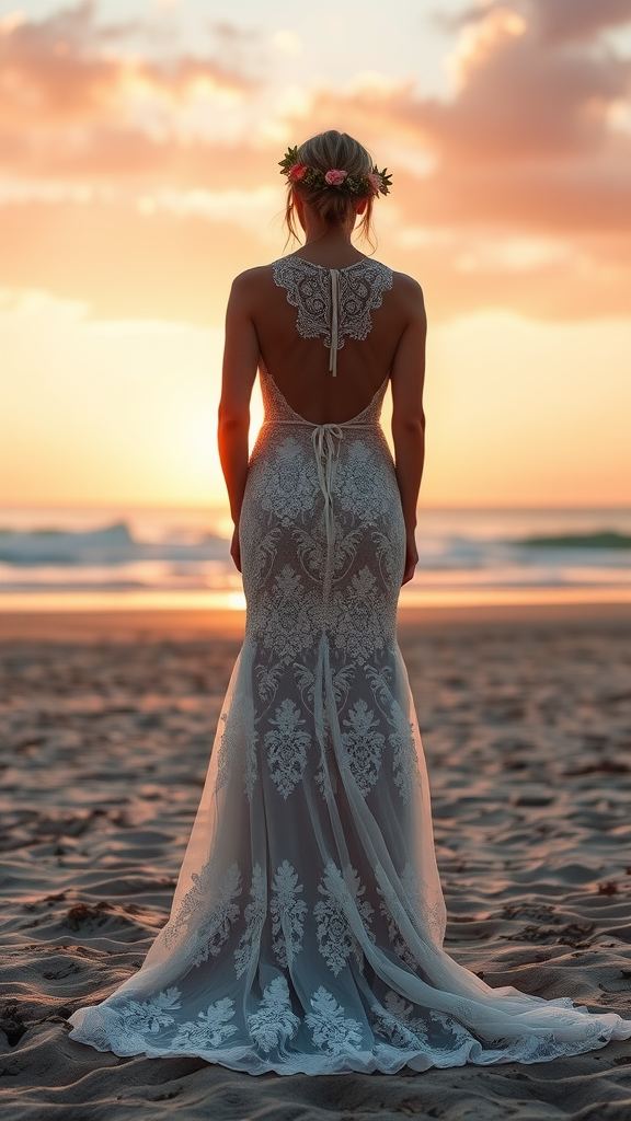 A woman in a lace bohemian wedding dress with a floral crown, standing on the beach at sunset.