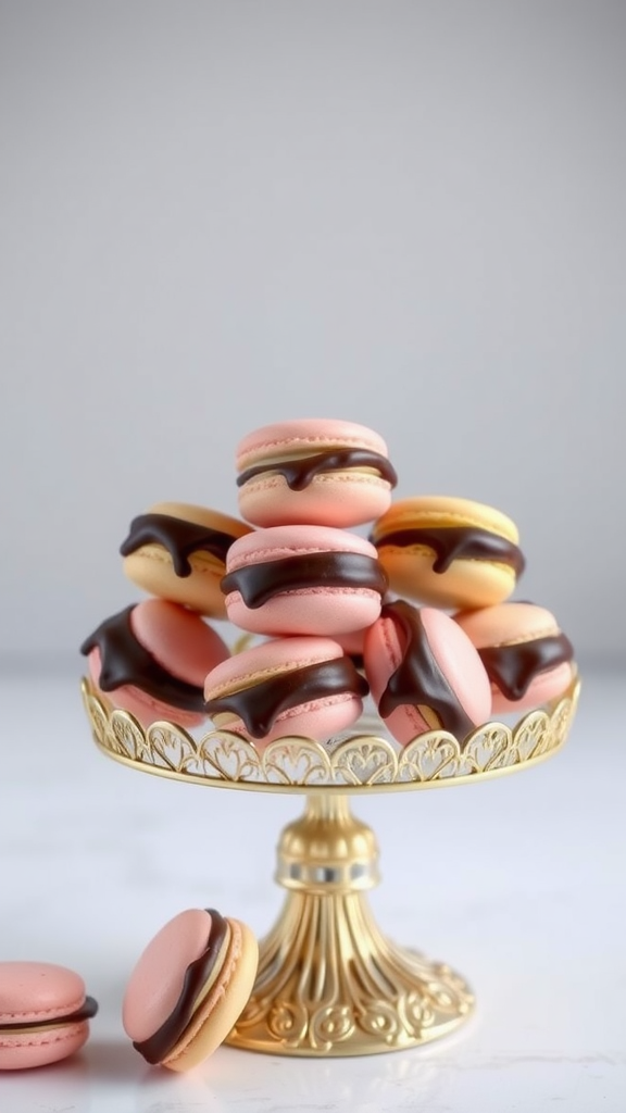 A display of chocolate dipped macarons on a decorative stand.