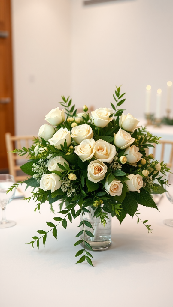 A floral centerpiece featuring white roses and greenery in a glass vase on a wedding table.