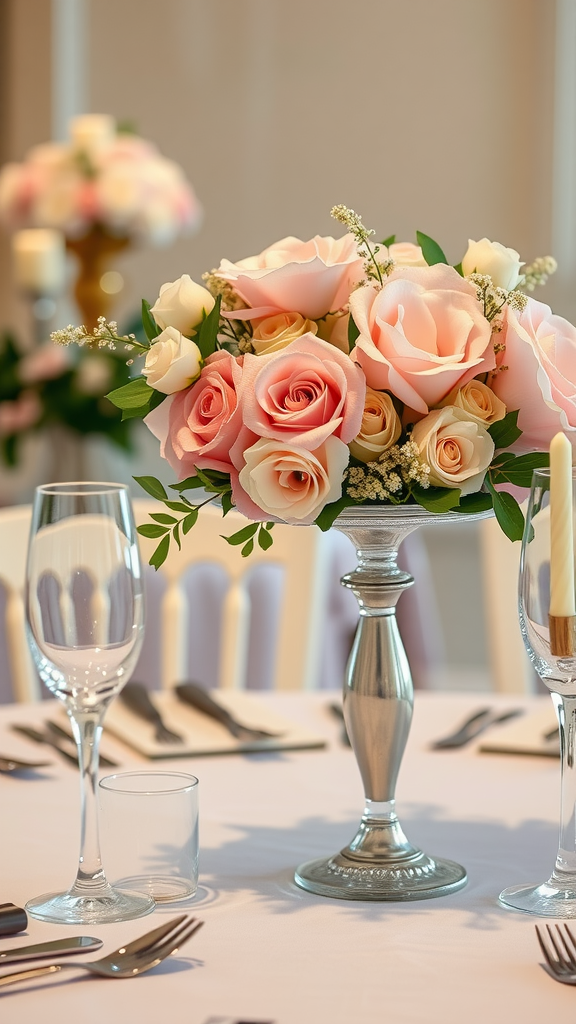 A beautifully arranged floral centerpiece with pink and cream roses on a wedding table.
