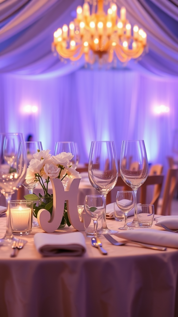 A beautifully set wedding table featuring elegant glassware, a floral centerpiece, and a decorative letter.