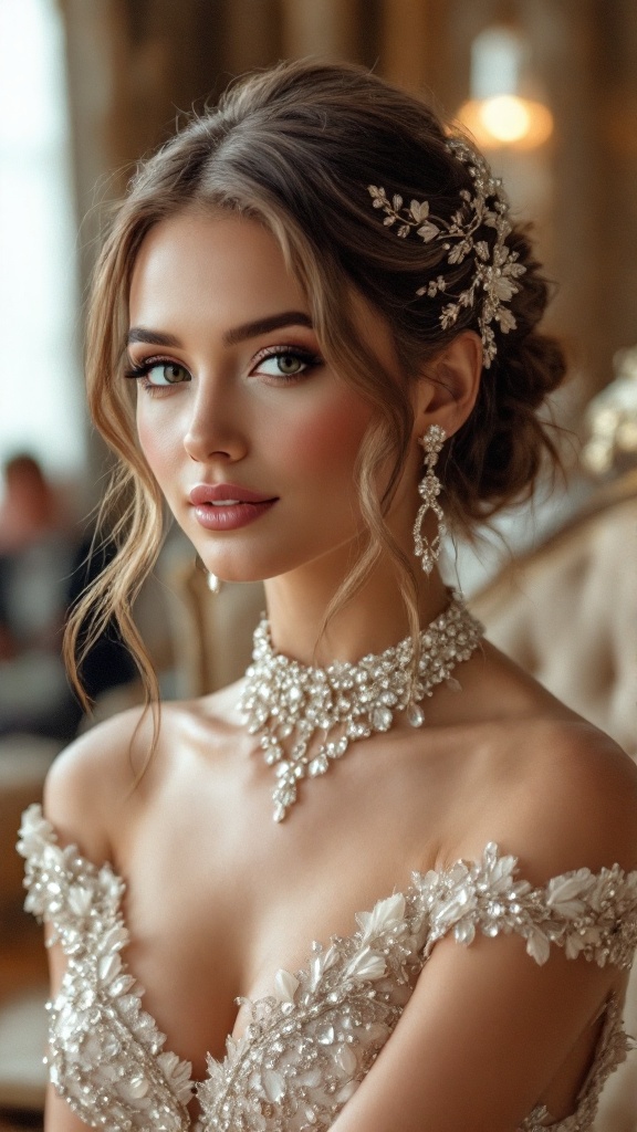 Bride with a half-up half-down hairstyle adorned with sparkling accessories.