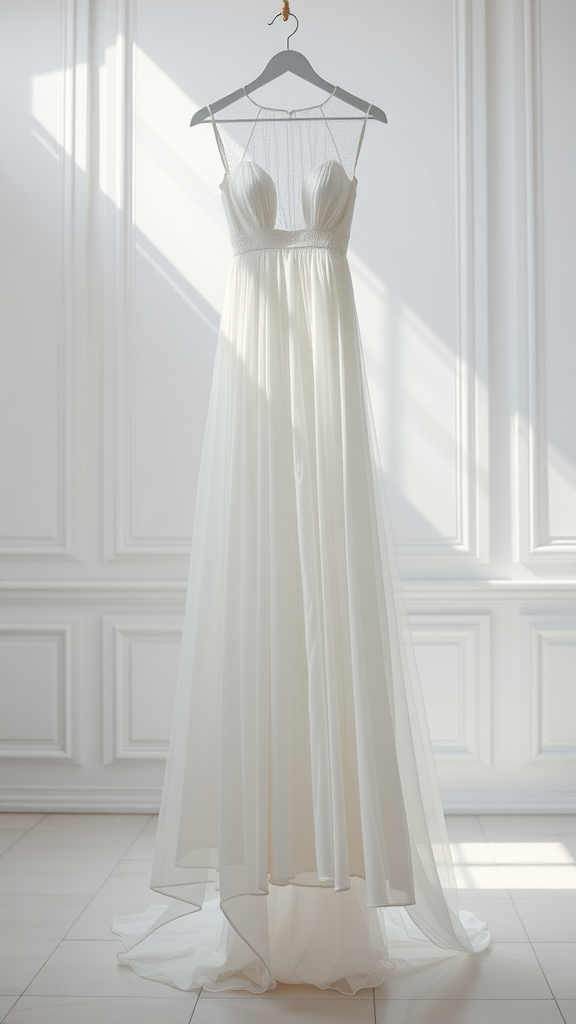 An elegant high-neck wedding dress displayed on a hanger