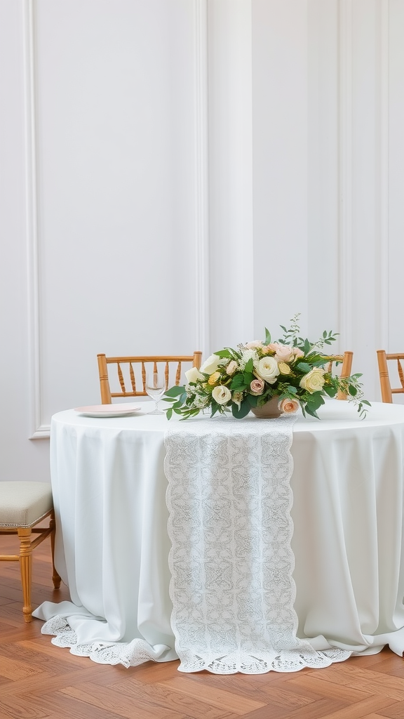 A white table with a lace table runner and a floral centerpiece featuring roses.