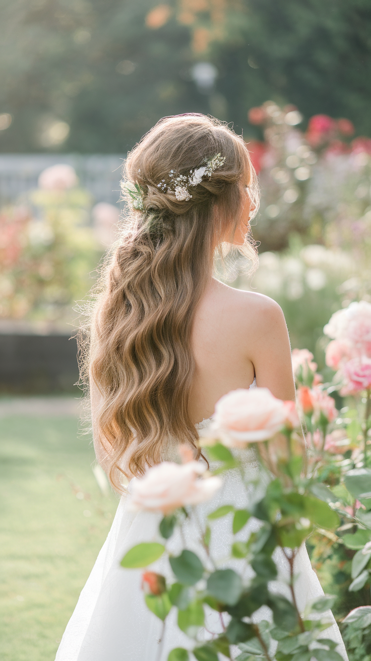 A bride with loose waves and floral accents in her hair, surrounded by roses in a garden.