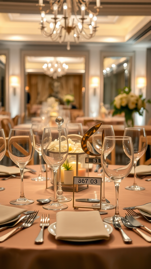 A beautifully set wedding table featuring elegant mirror table numbers, surrounded by wine glasses and floral arrangements.