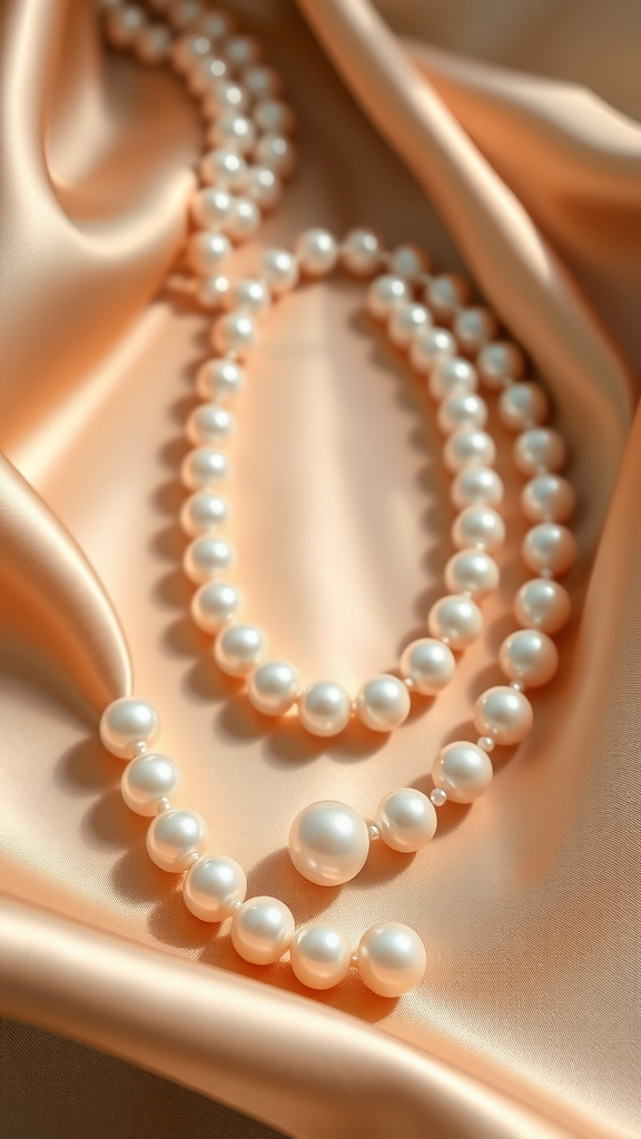 Two elegant pearl necklaces displayed on soft fabric.