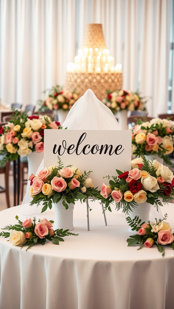 A beautifully decorated wedding welcome table with a floral arrangement and a welcome sign.