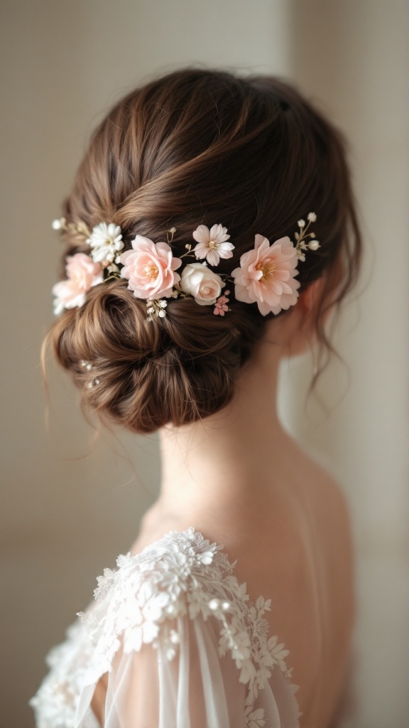A beautiful bridal updo hairstyle featuring flowers and delicate details.