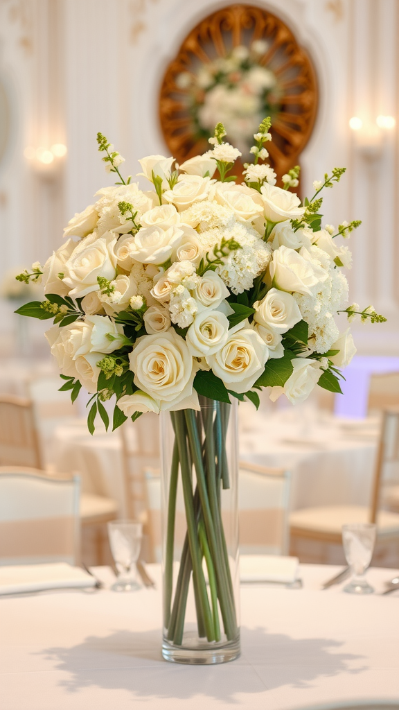 A tall vase filled with white roses and delicate flowers on a wedding table.