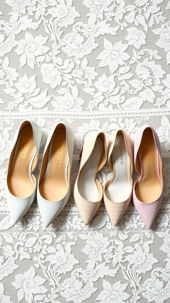 A variety of elegant wedding shoes in different colors and styles.