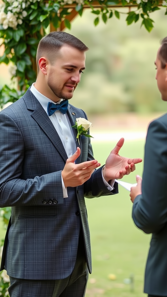 A groom reading his vows during a wedding ceremony, with guests in the background.