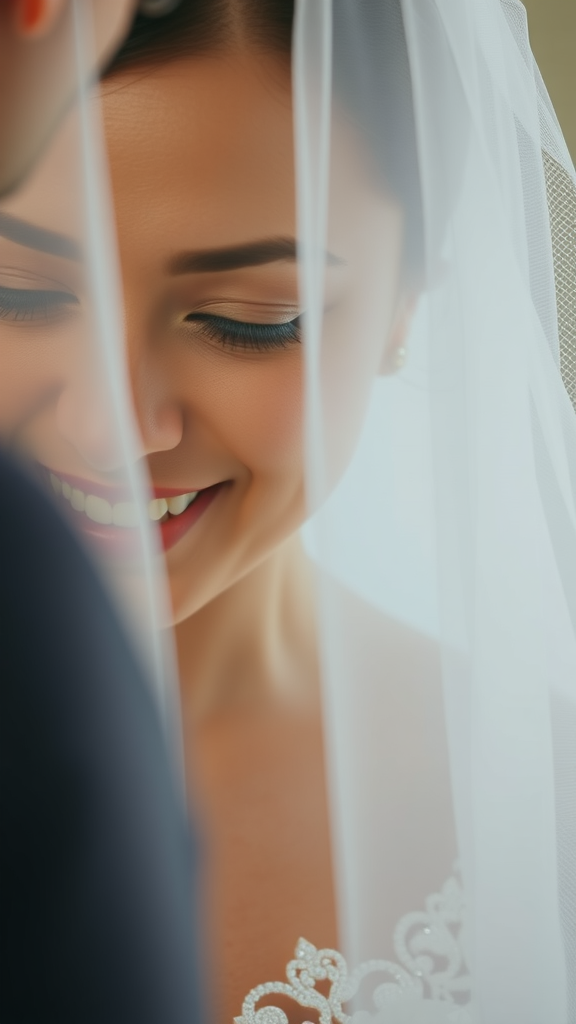 A close-up of a bride smiling under her veil, sharing an intimate moment.