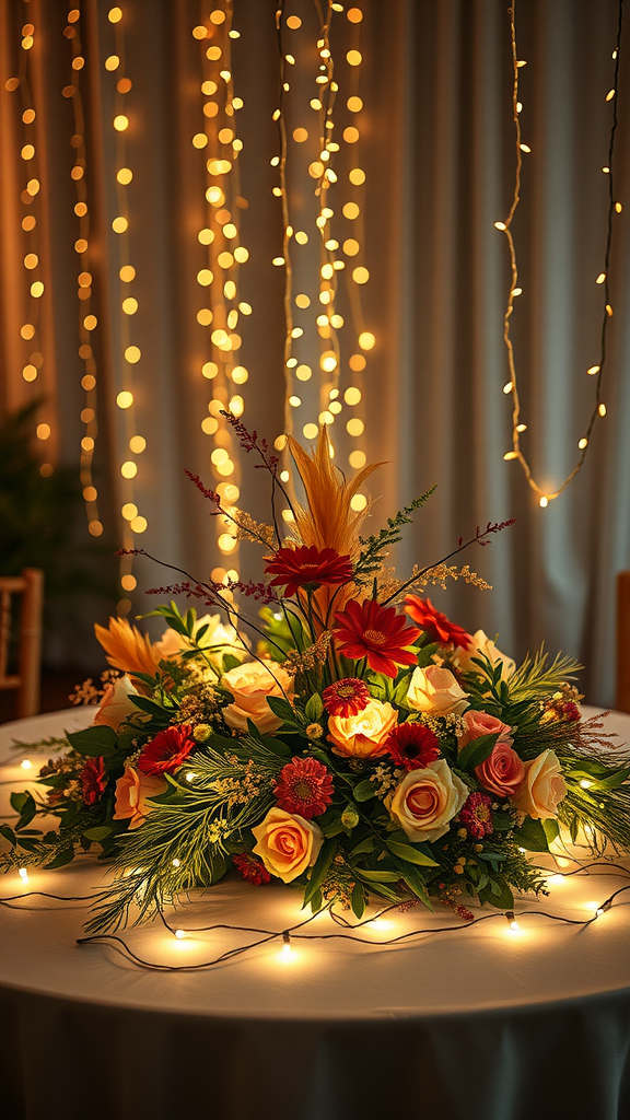 Lovely wedding table centerpiece with flowers and fairy lights