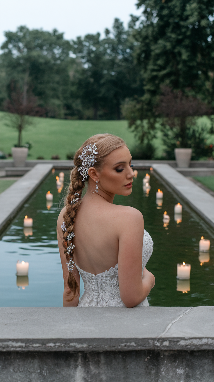 A woman with a fishtail braid adorned with sparkling hair accessories, posing elegantly by a pond.