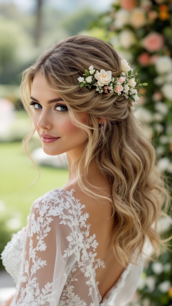 Bridal hairstyle featuring soft curls and floral accents in a half-up style