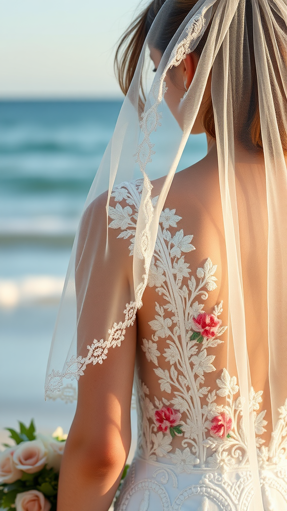 A bride with floral accents on her wedding dress, standing by the beach.