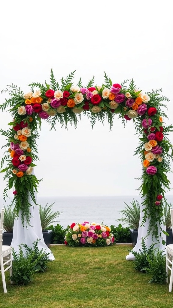 A colorful wedding arch decorated with flowers and greenery, set against an ocean backdrop.