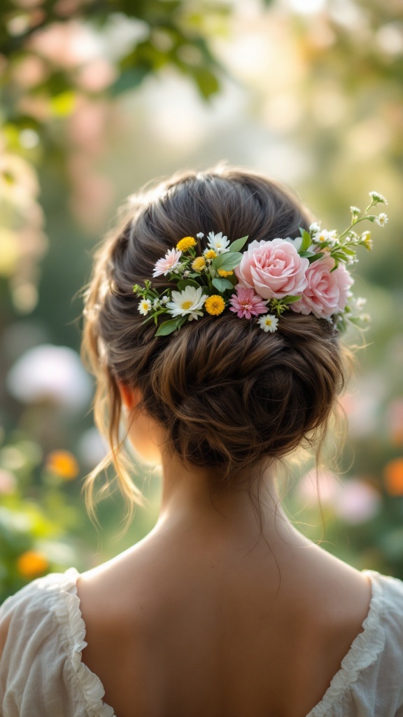 A loose updo hairstyle adorned with pink and white flowers, giving a whimsical touch.