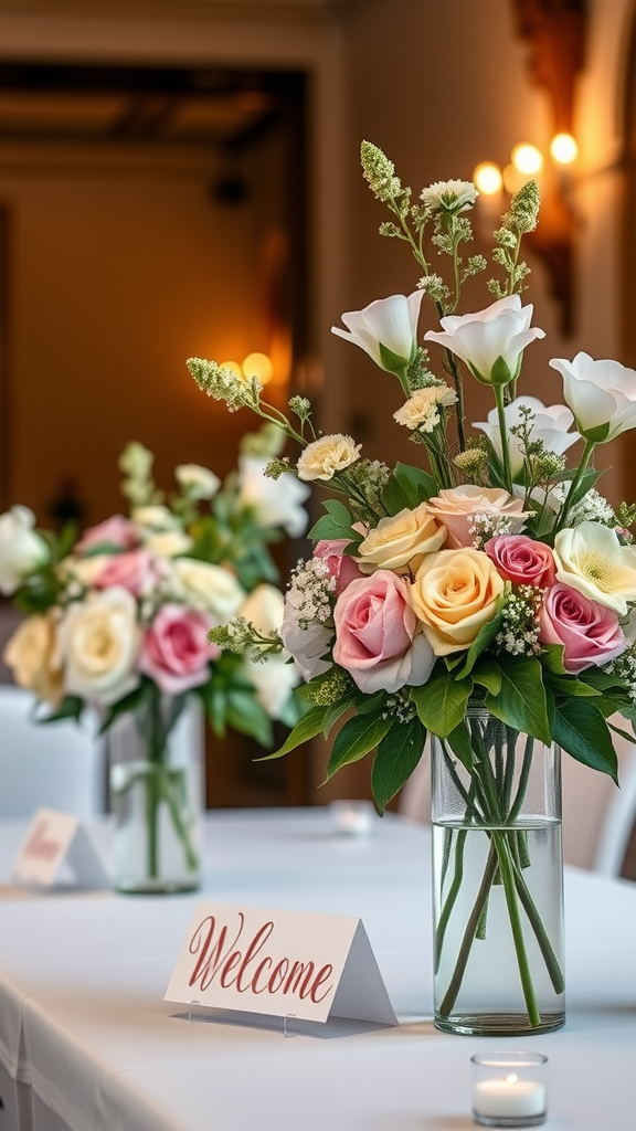 Beautiful floral arrangements in vases on a wedding welcome table