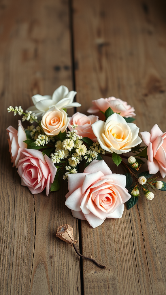 A collection of floral hair accessories including pastel roses and white flowers on a wooden surface.